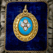 Antique Victorian Etruscan Revival Blue Enamel Pearl Mourning Locket 18Ct Gold Circa 1860