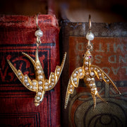 Antique Victorian Swallow Earrings Pearl Ruby 9Ct Gold Circa 1900