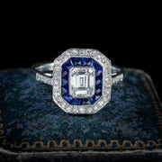 Art Deco Style Sapphire Diamond Cluster Ring 18Ct White Gold