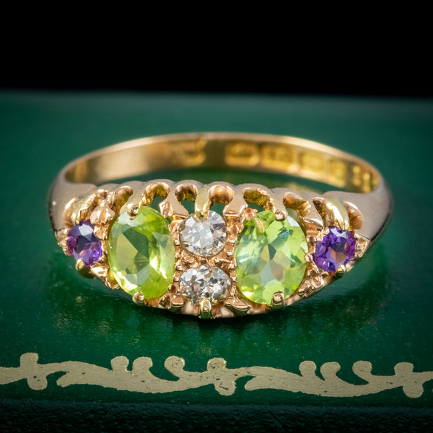 Antique Edwardian Suffragette Ring 18Ct Gold Amethyst Diamond Peridot Dated 1907