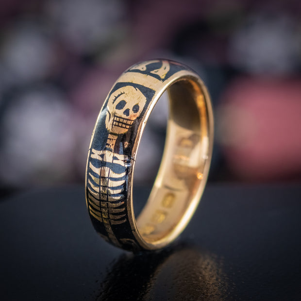 Memento Mori Enamelled Skeleton Band Ring 22Ct Gold Dated 1900
