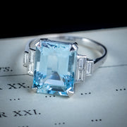 Emerald Cut Aquamarine Diamond Ring Platinum 7Ct Aqua 0.60Ct Diamonds