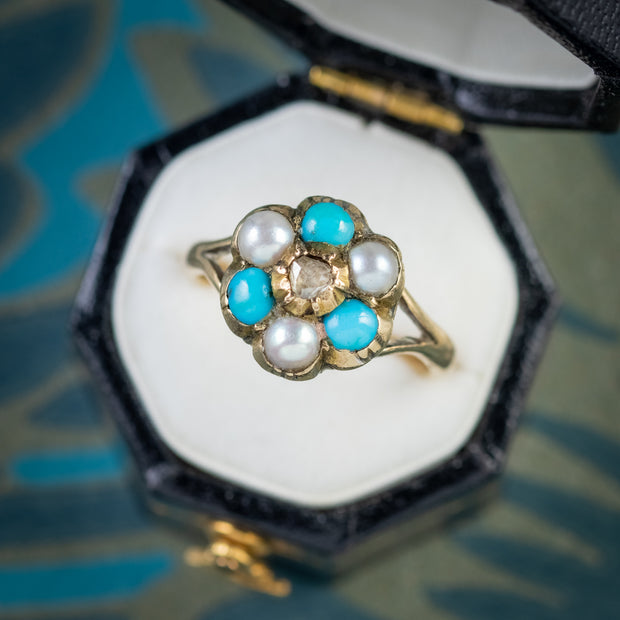 Antique Georgian Turquoise Pearl Diamond Cluster Ring