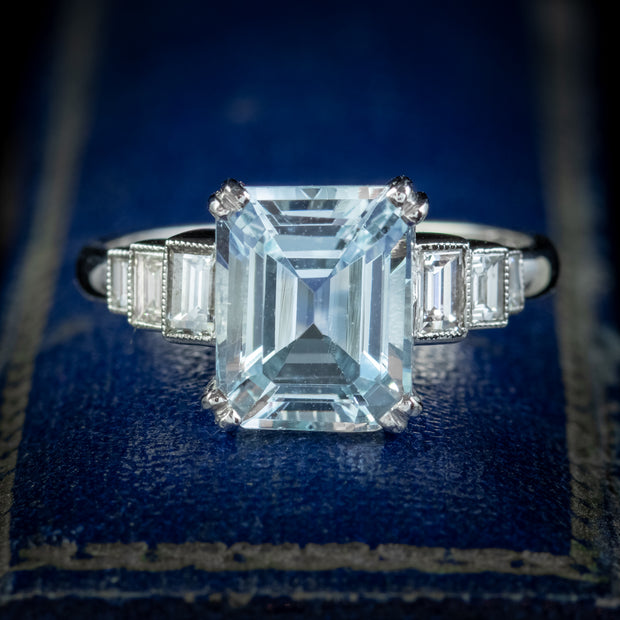Vintage Aquamarine Diamond Ring Platinum 4Ct Emerald Cut Aqua