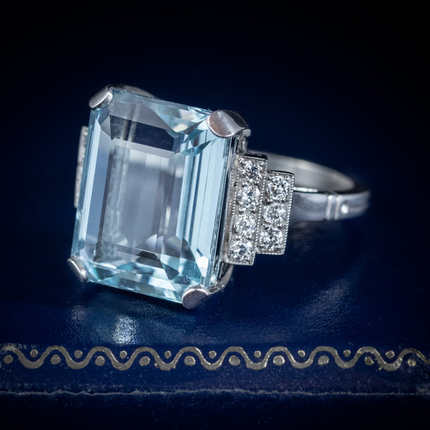 Art Deco Aquamarine Diamond Ring Platinum 13.17Ct Emerald Cut Aqua Circa 1920