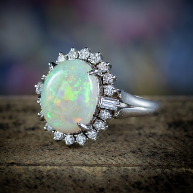 Vintage Opal Diamond Ring Platinum 6Ct Natural Opal Circa 1960