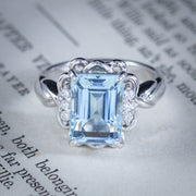 Vintage Aquamarine Diamond Ring Platinum 4.30Ct Emerald Cut Aqua