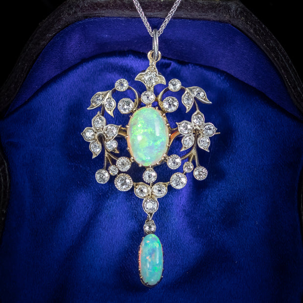 Antique Edwardian Opal Diamond Pendant Necklace Platinum 18ct Gold 2.50ct Of Diamond Circa 1905