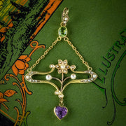 Antique-Art-Nouveau-Suffragette-Pendant-15ct-Gold-Peridot-Amethyst-Pearl-Circa-1910-SOCIAL