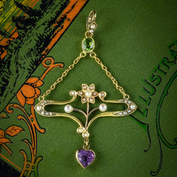Antique-Art-Nouveau-Suffragette-Pendant-15ct-Gold-Peridot-Amethyst-Pearl-Circa-1910-SOCIAL