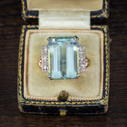 Art Deco Aquamarine Diamond Ring 18ct Gold 16ct Emerald Cut Aqua Circa 1930