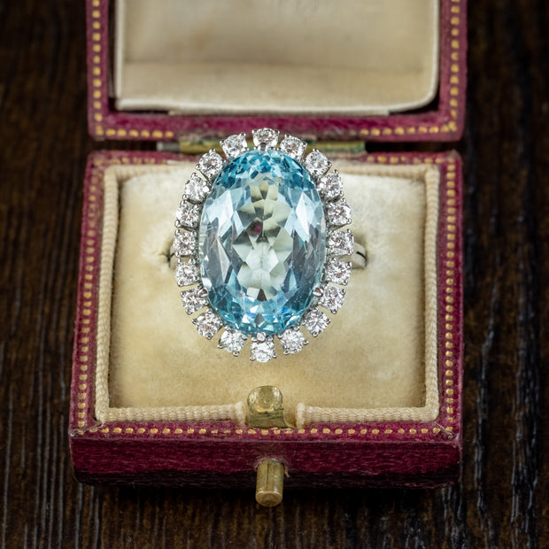 Vintage Aquamarine Diamond Cocktail Ring 14ct White Gold 13ct Aqua 1.60ct Diamond