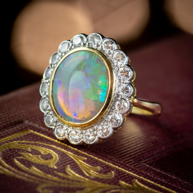 Vintage Opal Diamond Ring 18ct Gold 6ct Natural Opal 1.60ct Of Diamond