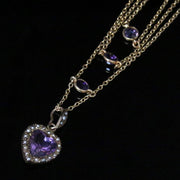 Antique Victorian Amethyst Gold Necklace - Boxed Triple Necklace Leading To Heart