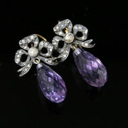 Antique Amethyst & Diamond Earrings - Rose Cut Diamonds Briolette Amethysts