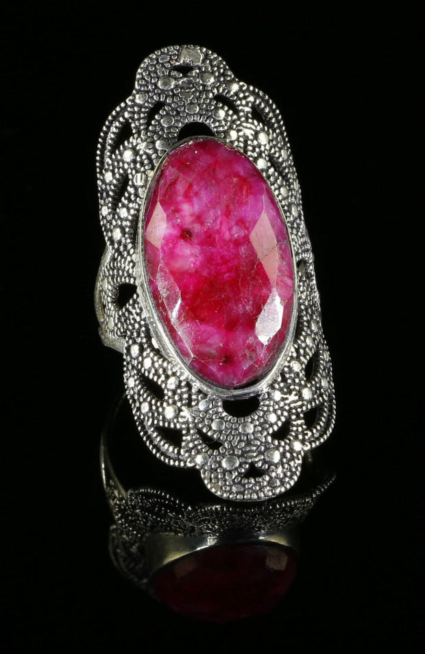 Ruby Marcasite Large Silver Ring