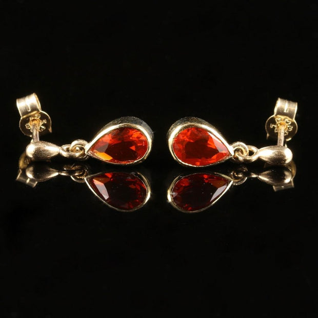 Fire Opal Drop Gold Earrings 9Ct Gold