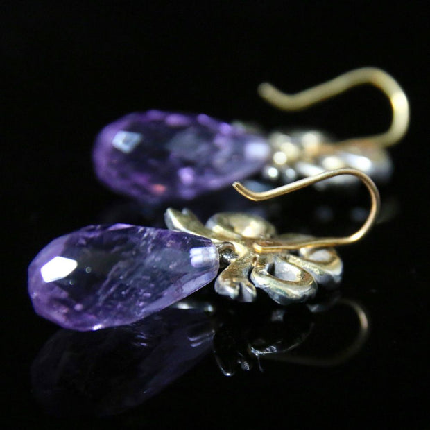 Antique Amethyst & Diamond Earrings - Rose Cut Diamonds Briolette Amethysts