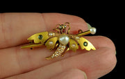 Victorian French Emerald Ruby & Pearl Gold Insect Brooch
