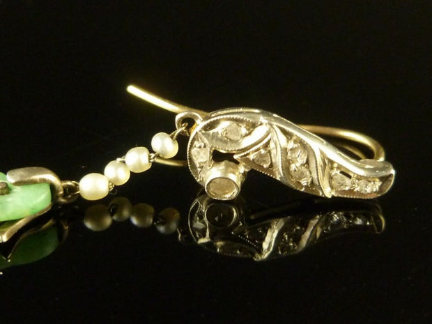 Art Deco Long Jade Diamond & Pearl Earrings