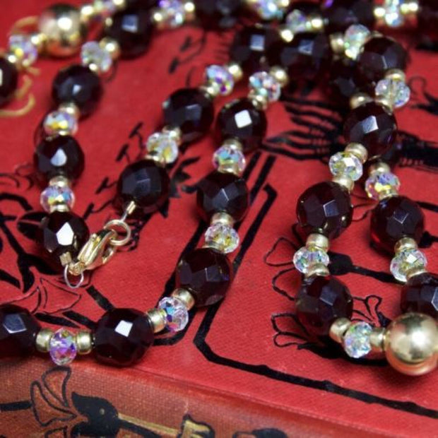 Victorian Style Long Garnet/Crystal 18Ct Gold Necklace