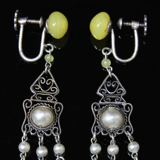Antique Victorian Yellow Amber & Pearl Long Earrings - Silver Circa 1900