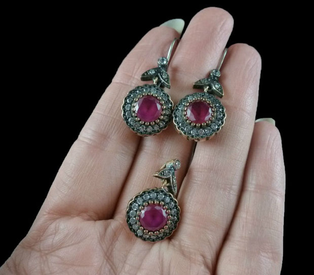 Antique Victorian Ruby & Paste Suite Earrings Ring And Pendant