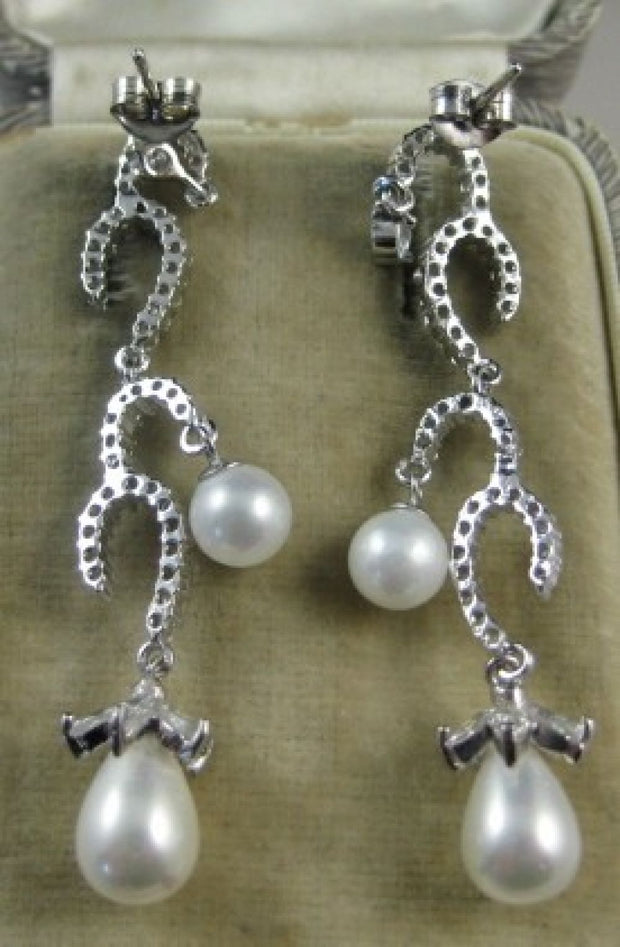 Exquisite Long Silver Paste & Pearl Earrings