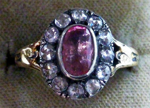 Georgian 1 Ct Pink Sapphire &amp; 1ct Old Cut Diamond 18ct Ring With Floral Shoulder