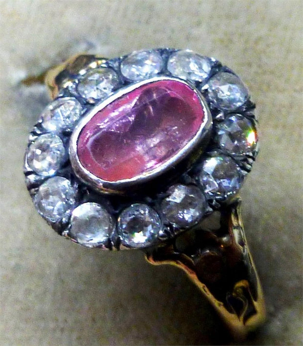 Georgian 1 Ct Pink Sapphire &amp; 1ct Old Cut Diamond 18ct Ring With Floral Shoulder
