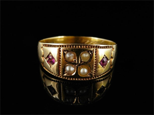 VICTORIAN 15ct RUBY & PEARL RING DATED CHESTER 1881