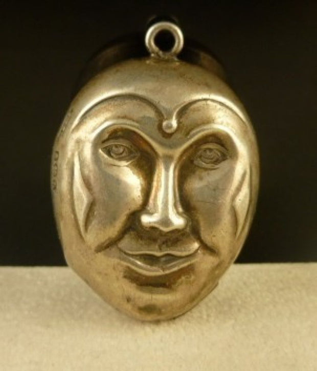 Antique Sterling Silver Jester Rattle Double Sided  Face Pendant