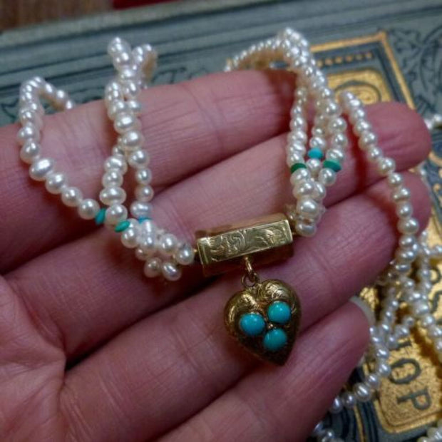 Antique Georigan Triple Pearl & Turquoise Necklace With Georgian Gold Heart Locket Clasp