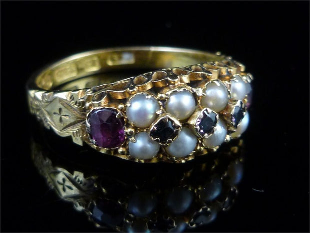 Victorian 15Ct Ring Almandine Garnet And Pearl Dated 1881