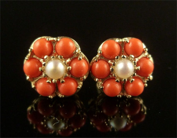 Coral And Pearl Cluster Gold Earrings