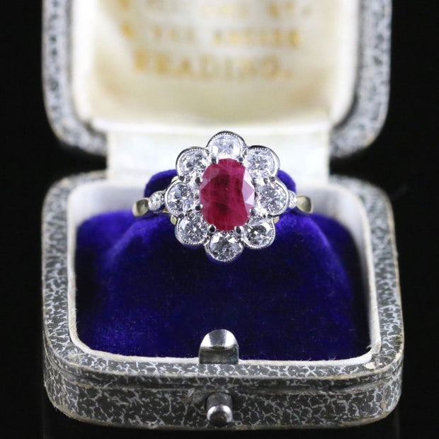 Antique Ruby & Diamond Cluster Ring 18Ct Gold 1.80Ct Ruby 1.20Ct Diamond