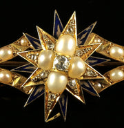 Antique Diamond Pearl Brooch In Original Box 18Ct Gold Blue Enamel