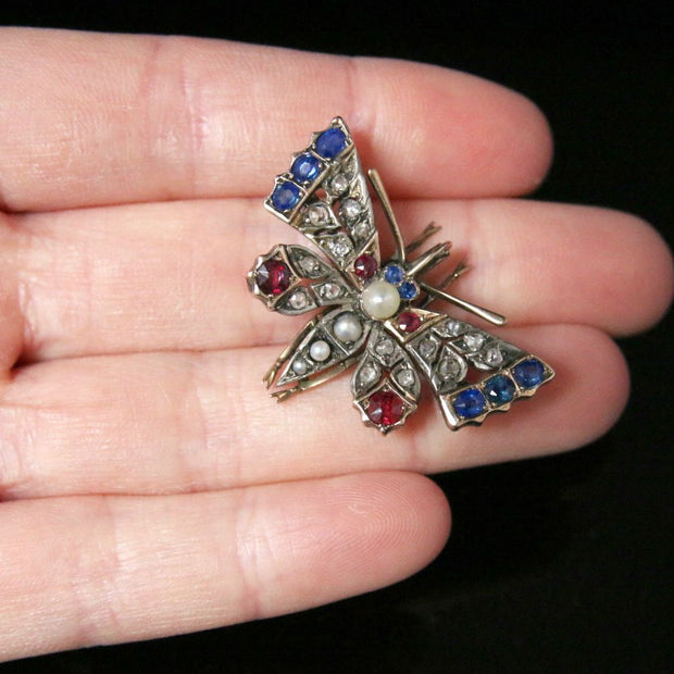 Antique Victorian Diamond Butterfly Pendant - Sapphires And Rubies Circa 1900