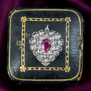 Victorian Style Diamond Ruby Heart Pendant 18ct Gold Silver