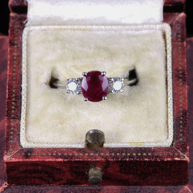 Antique Edwardian Ruby Diamond Trilogy Ring 18Ct White Gold Circa 1915