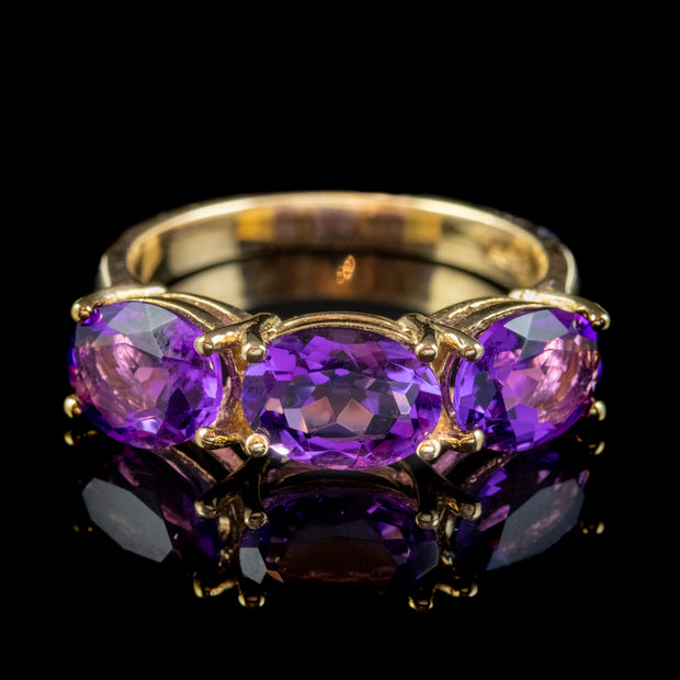 Victorian Style Amethyst Trilogy Ring 9ct Gold 4.5ct of Amethyst