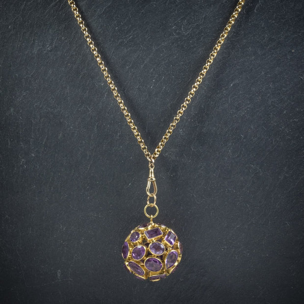 Vintage Amethyst 18Ct Gold Orb Pendant Necklace 9Ct Gold Chain