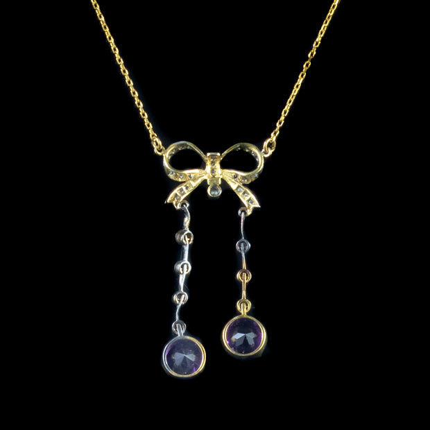 Edwardian Style Amethyst Diamond Pendant Necklace Silver 18Ct Gold Chain