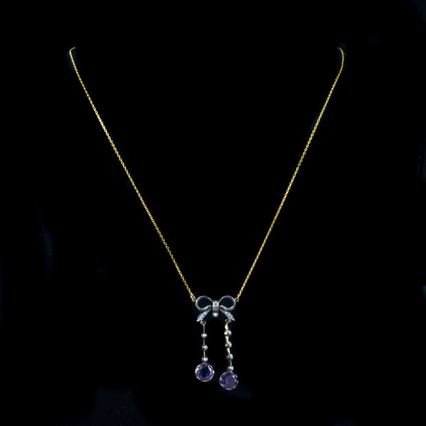 Edwardian Style Amethyst Diamond Pendant Necklace Silver 18Ct Gold Chain