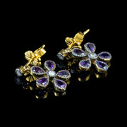 Amethyst Flower Earrings Diamond 18Ct Gold On Silver