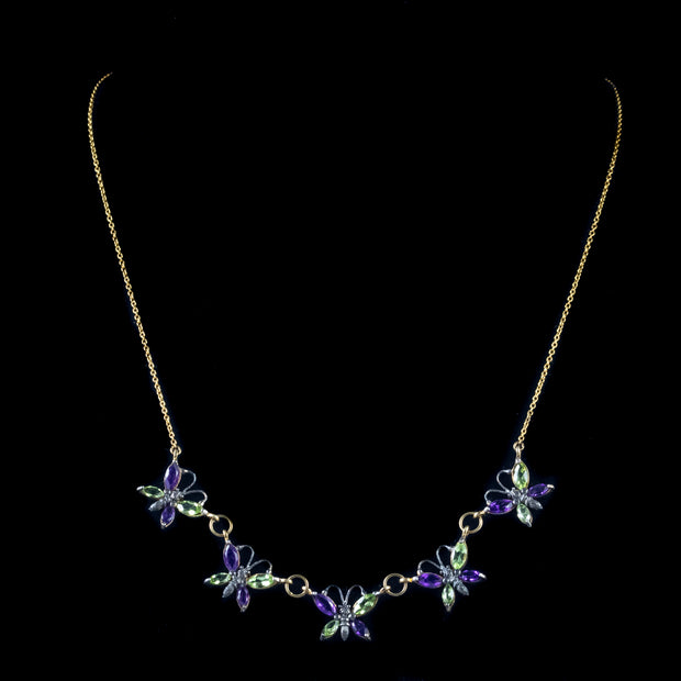Amethyst Peridot Butterfly Necklace 9Ct Yellow Gold Silver