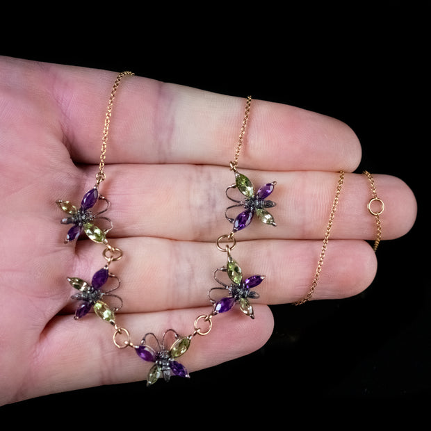 Amethyst Peridot Butterfly Necklace 9Ct Yellow Gold Silver