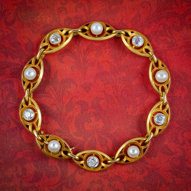 Antique Art Nouveau French Diamond Pearl Bracelet 18ct Gold 3ct Of Diamond Circa 1900