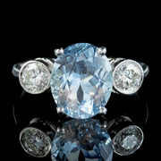 Antique Edwardian Aquamarine Diamond Trilogy Ring Platinum 3.25ct Aqua Circa 1910