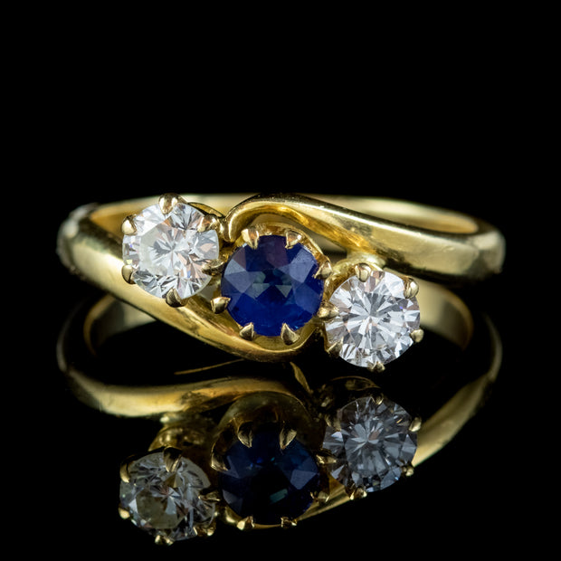 Antique Edwardian Sapphire Diamond Trilogy Twist Ring 18ct Gold Circa 1905